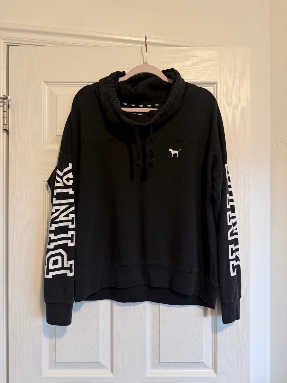 Victoria's Secret PINK Black Cowl Neck Sweatshirt Sleeve Logo Drawstring L